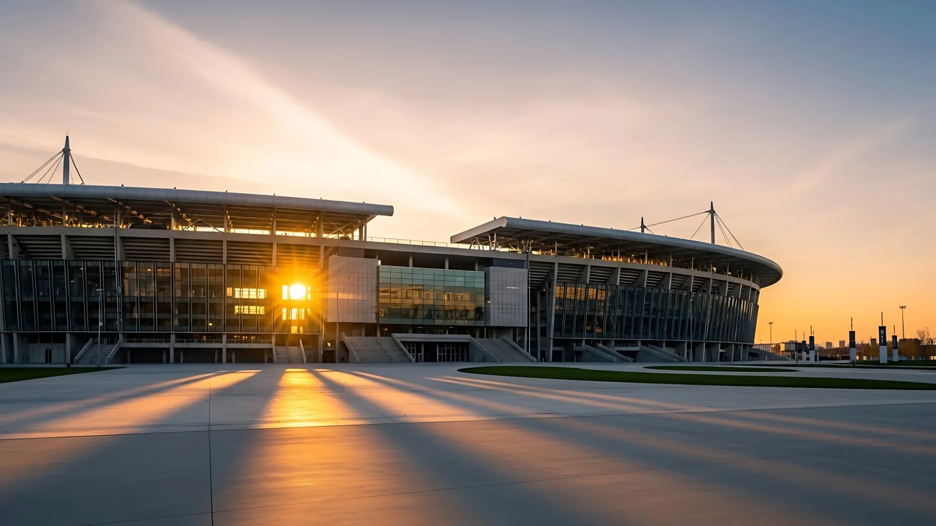 Sports stadium at sunset
